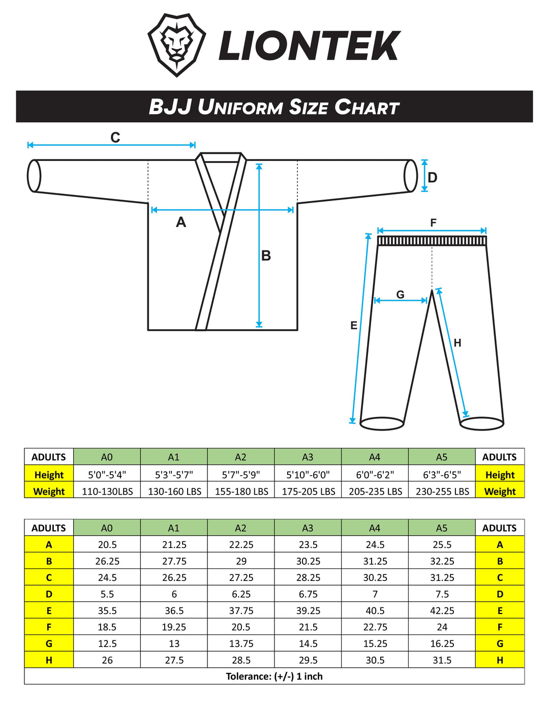 Liontek BJJ Gi Size Chart