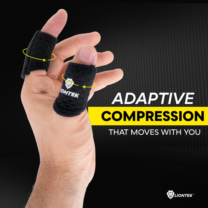 A hand wearing black compression finger sleeves with yellow arrows showing adaptive movement, set against a dark textured background with the text &