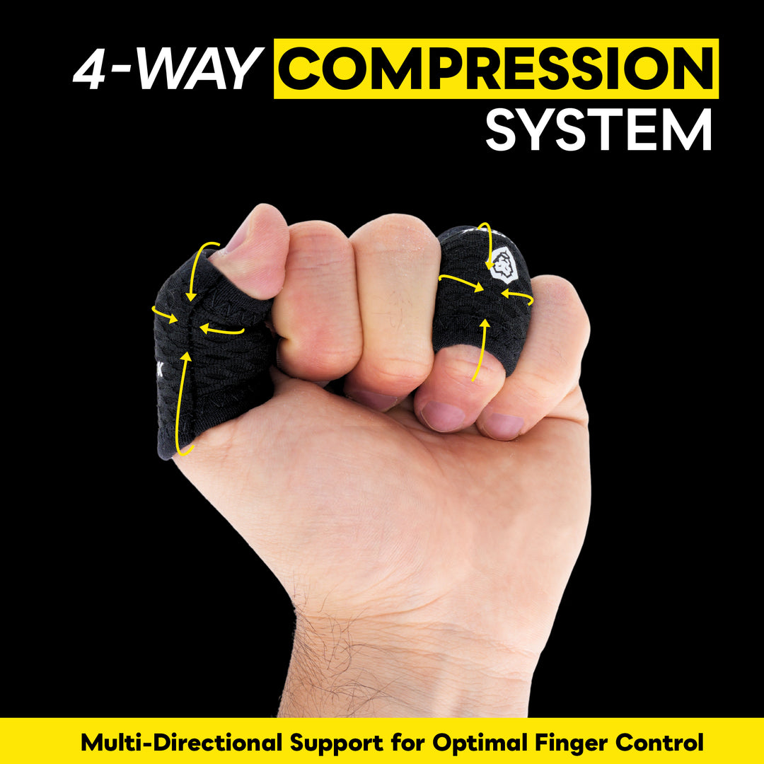 A hand in a clenched fist wearing black finger compression sleeves with yellow arrows and text reading &