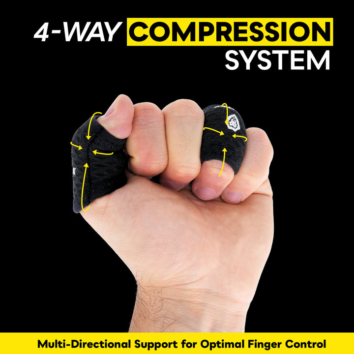 A hand in a clenched fist wearing black finger compression sleeves with yellow arrows and text reading &