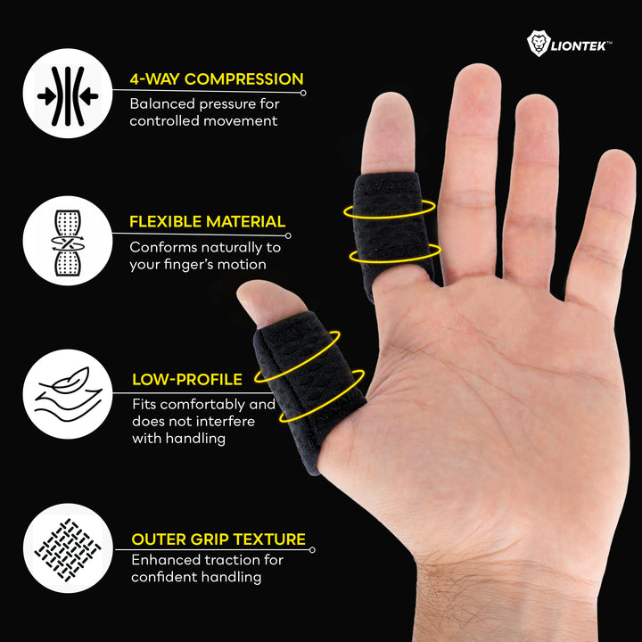 A hand wearing black finger compression sleeves with yellow motion arrows and feature callouts on a black background. Text highlights 4-way compression, flexible material, low-profile fit, and outer grip texture.