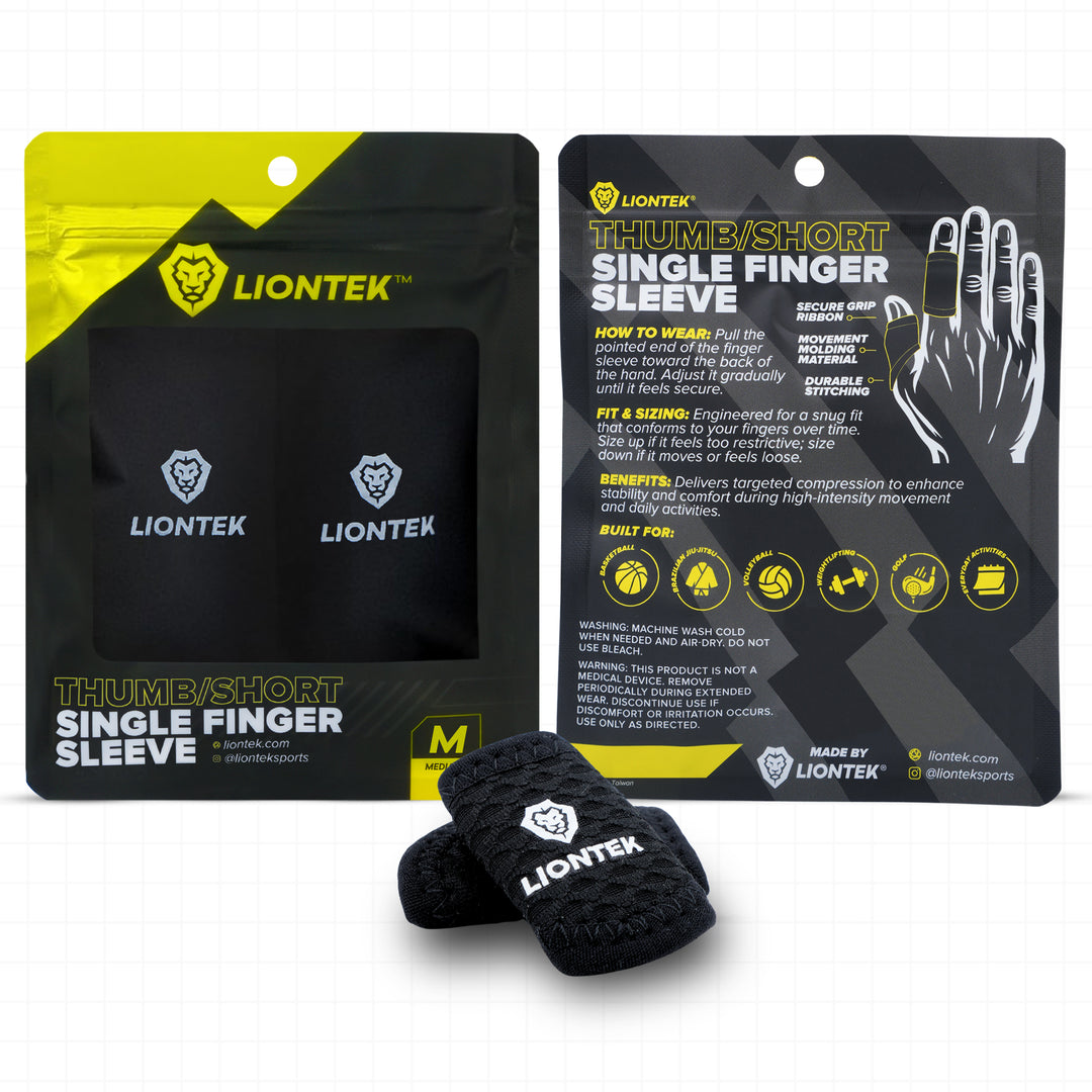 Two Liontek thumb and short single finger sleeves shown with their retail packaging on a white background. One sleeve is worn on a hand illustration on the right card, and two loose black sleeves are displayed in front.