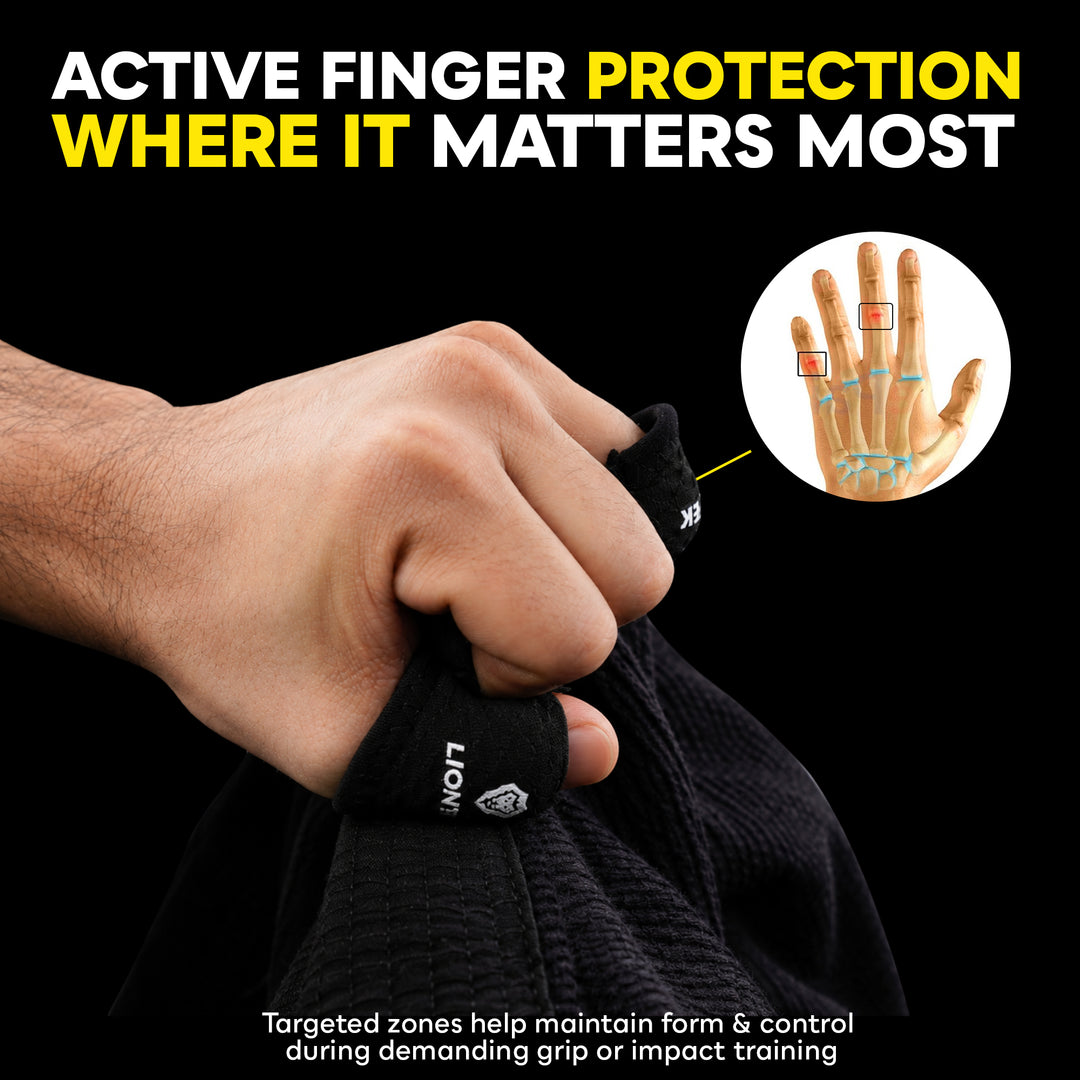A close-up of a hand gripping a black sports glove or sleeve with white branding, set against a black background with promotional text and a circular inset showing finger zones on a hand.