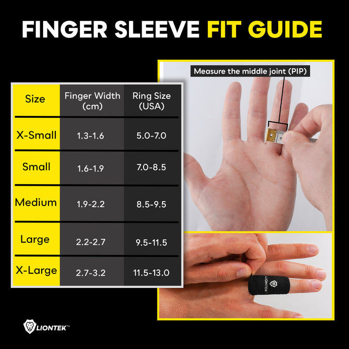 Liontek finger sleeve fit guide infographic with a size table and photos of hands demonstrating how to measure the middle joint and fit the finger sleeve.