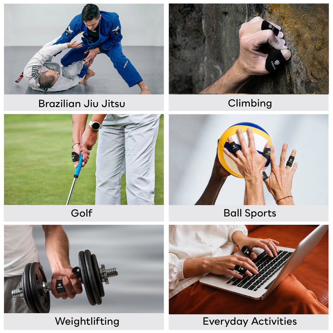 A six-panel collage showing black thumb sleeves worn by people in different activities: Brazilian Jiu Jitsu, climbing, golf, ball sports, weightlifting, and everyday activities.