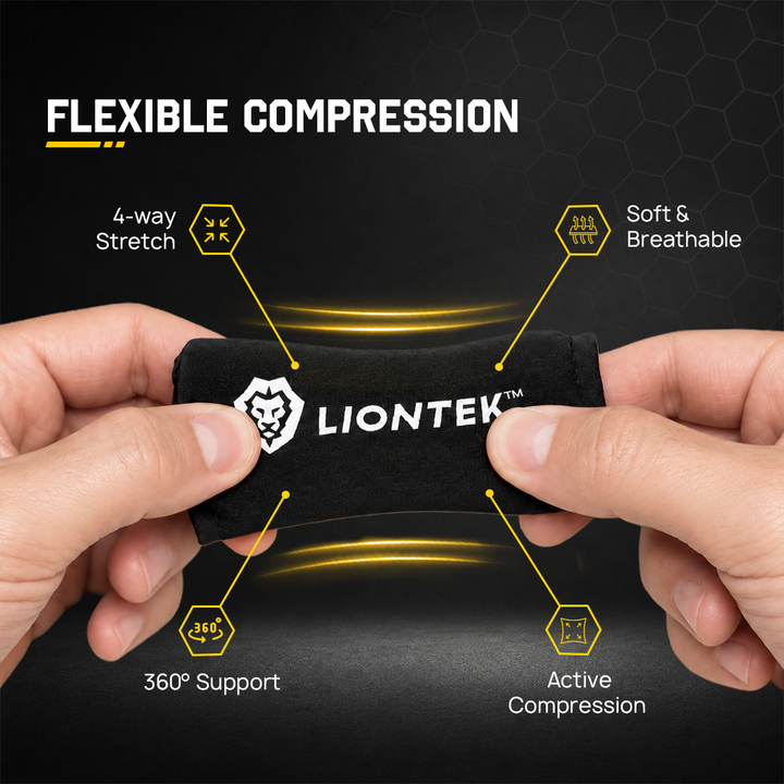 A pair of hands holding a black Liontek compression sleeve against a dark background with feature callouts and text including &