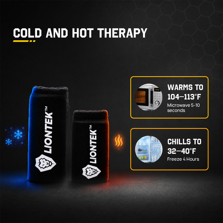 Two black Liontek temperature-controlled bandages, one glowing blue on the left and one glowing red on the right, under the heading &